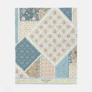 BOHO Watercolor Floral Patchwork Pattern Blue Tan Fleece Blanket