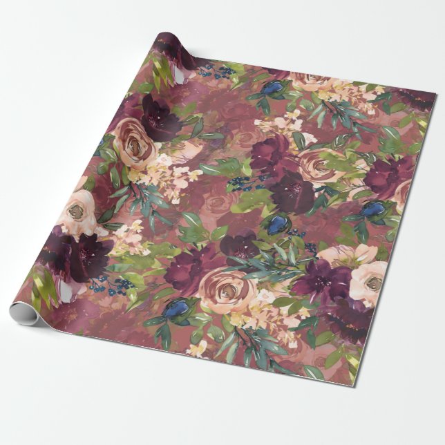 Boho Watercolor Floral Pattern - Burgundy | Rose Wrapping Paper (Unrolled)