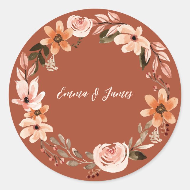 Boho Watercolor Floral Personalized Coaster Classic Round Sticker (Front)