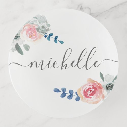 Boho Watercolor floral Personalized Name Script  T Trinket Tray