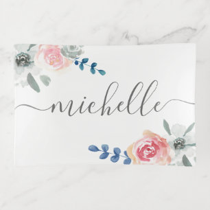 Boho Watercolor floral Personalized Name Script  Trinket Tray