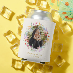 Boho Watercolor Floral Photo Graduation Favor Can Cooler