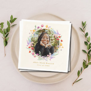 Boho Watercolor Floral Photo Graduation Napkins