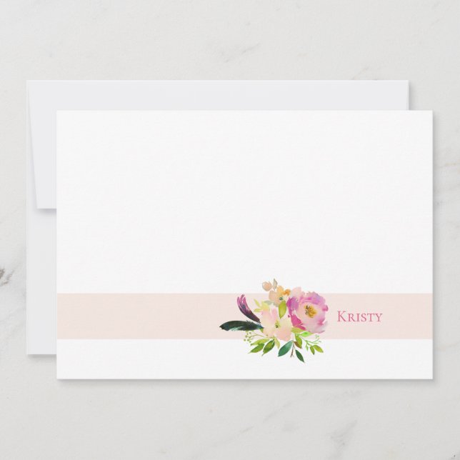 Boho Watercolor Floral Pink Personalized Note Card (Front)