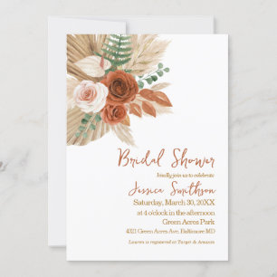 Boho Watercolor Floral Pompas Grass Bridal Shower Invitation