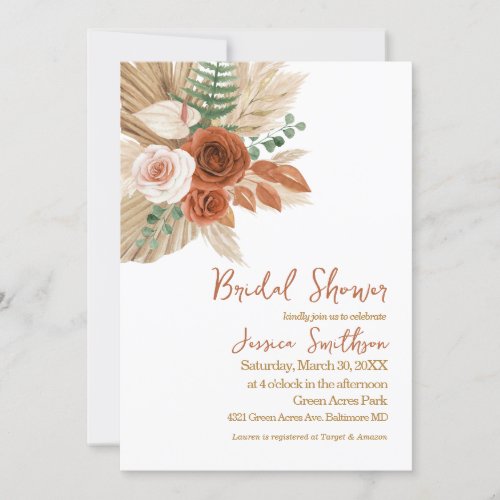 Boho Watercolor Floral Pompas Grass Bridal Shower Invitation