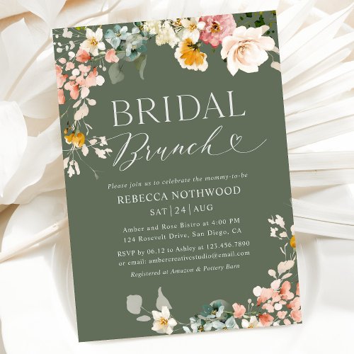 Boho Watercolor Floral Sage Green Bridal Brunch Invitation