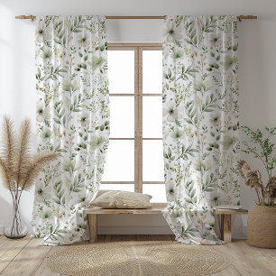 Boho Watercolor Floral Sage Green Sheer Curtains