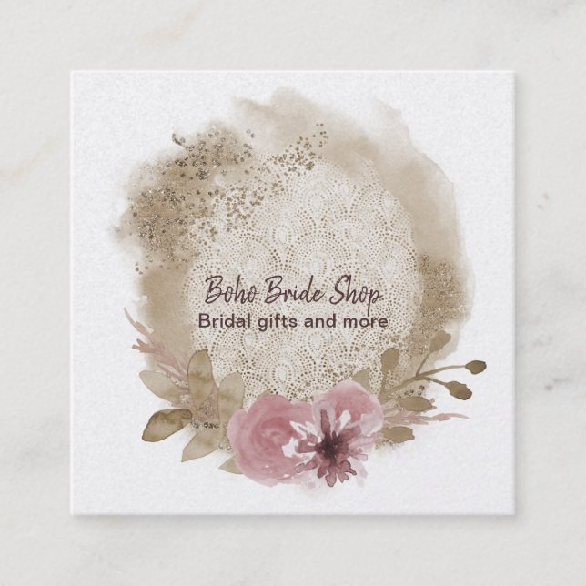 Boho Watercolor Floral Square Business Card (Front)