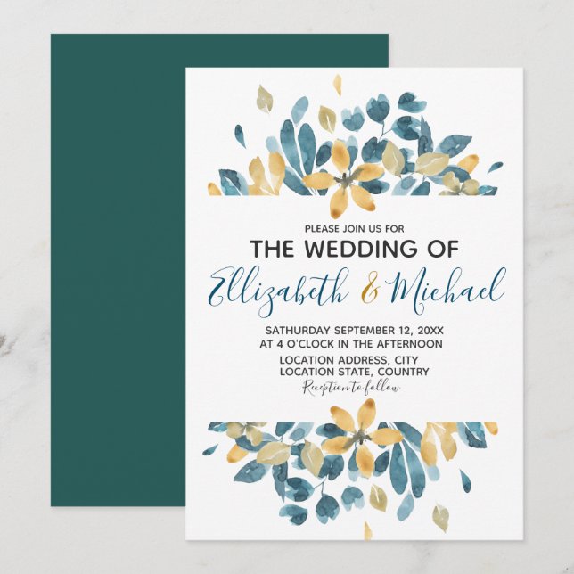 Boho Watercolor Floral Teal Yellow wedding Invitation (Front/Back)