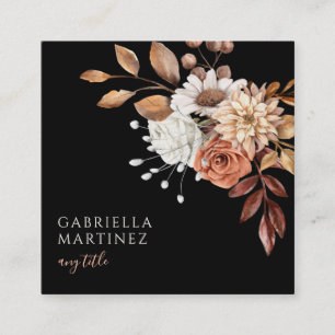 Boho Watercolor Floral Terracotta White Black Square Business Card