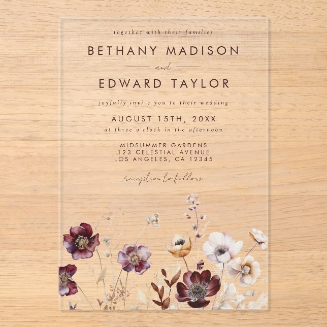 Boho Watercolor Floral Wedding Acrylic Invitations (Front)