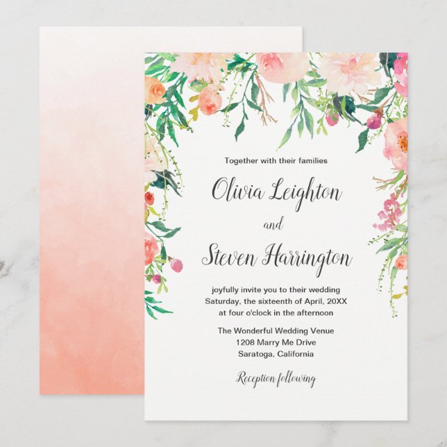 Boho Watercolor Floral Wedding Invitation (Front/Back)