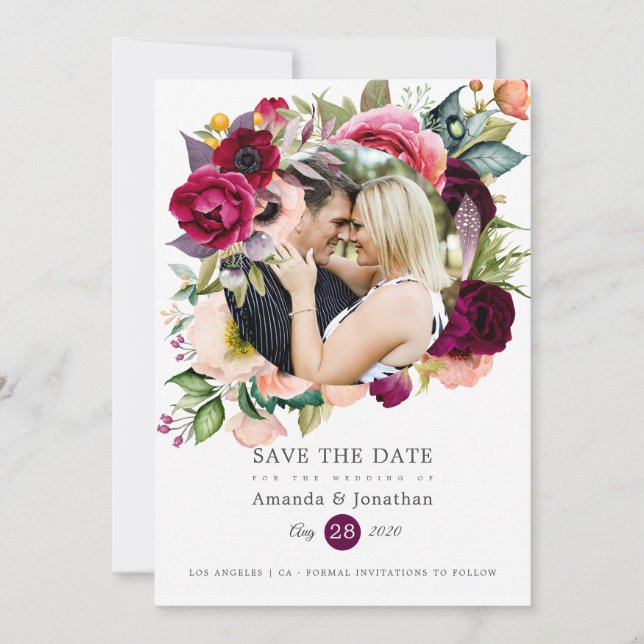 Boho Watercolor Floral Wedding Photo Save The Date (Front)