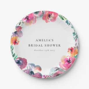 Boho Watercolor Floral Wreath Bridal Shower Paper Plates