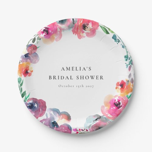 Boho Watercolor Floral Wreath Bridal Shower Paper Plates