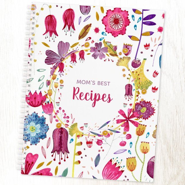 Boho Watercolor Floral Wreath Custom Text Recipe Notebook (Personalized recipe book with watercolor wildflower design)