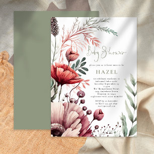 Boho Watercolor Florals Burgundy Sage Baby Shower Invitation