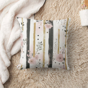 Boho Watercolor Florals Stripes Gold Pink Black Throw Pillow