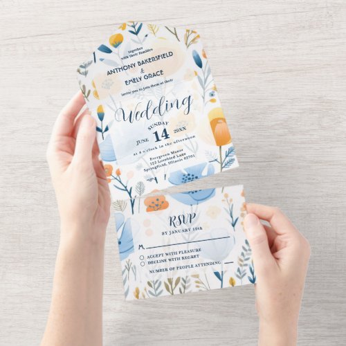 Boho Watercolor Flowers All in One Wedding Invite