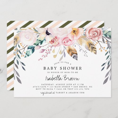 Boho watercolor flowers and feathers baby shower invitation