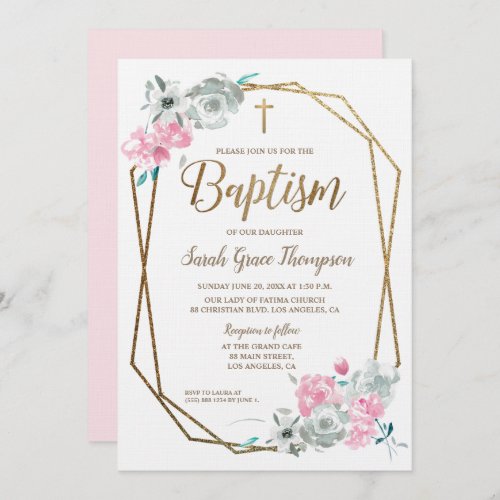 Boho Watercolor flowers baby pink Baptism Invitation