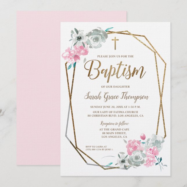 Boho Watercolor flowers baby pink Baptism Invitation (Front/Back)