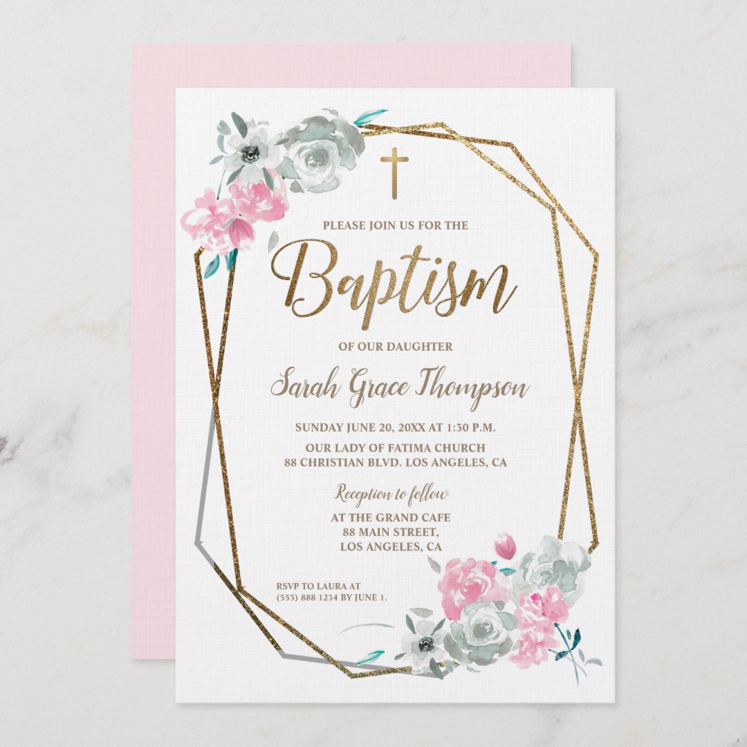 Boho Watercolor flowers baby pink Baptism Invitation | Zazzle