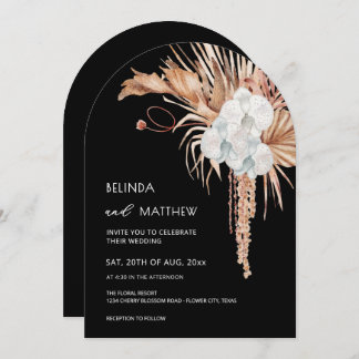 Boho Watercolor Flowers Black Invitation
