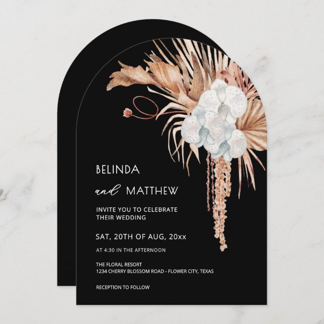Boho Watercolor Flowers Black Invitation (Front/Back)