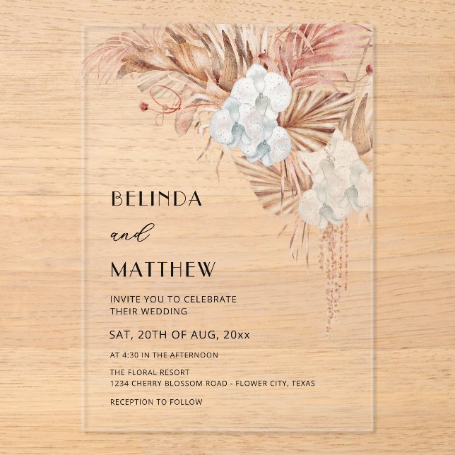 Boho Watercolor Flowers Casual Wedding Acrylic Invitations (Front)