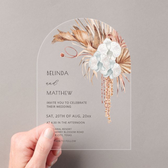 Boho Watercolor Flowers Clear Arch Acrylic Invitations (Insitu (Handheld))