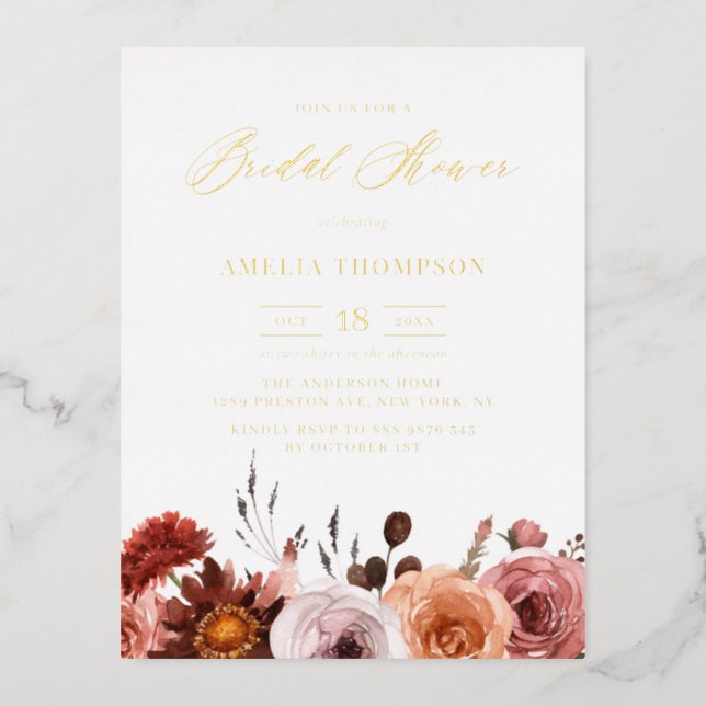 Boho Watercolor Flowers Garland Fall Bridal Shower Foil Invitation Postcard (Front)