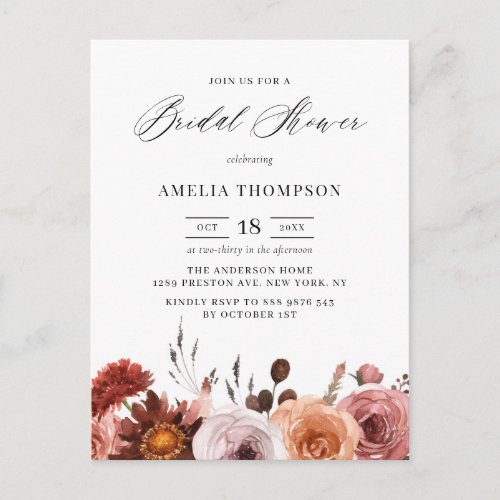 Boho Watercolor Flowers Garland Fall Bridal Shower Invitation Postcard