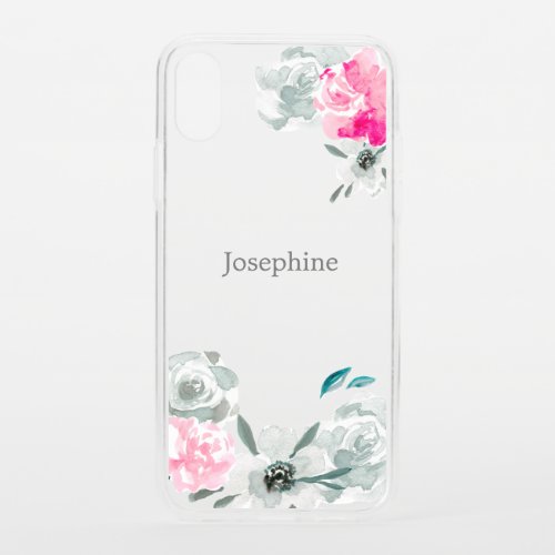 Boho watercolor flowers grey pink name iPhone XS case