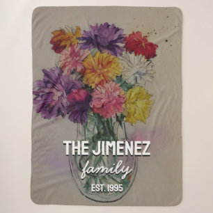 Boho Watercolor Flowers in Vase Custom Family Name Sherpa Blanket