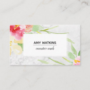 Boho Watercolor Flowers on Gray Marble Business Card
