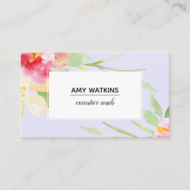 Boho Watercolor Flowers Over Lavender Business Card (Front)