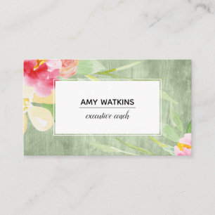 Boho Watercolor Flowers over Rustic Green Wood Business Card