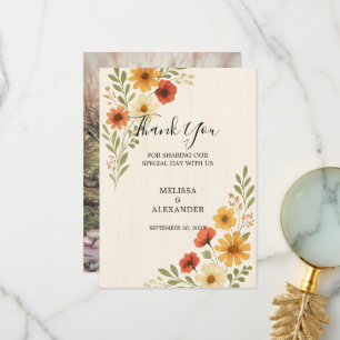 Boho watercolor flowers photo wedding thank you card