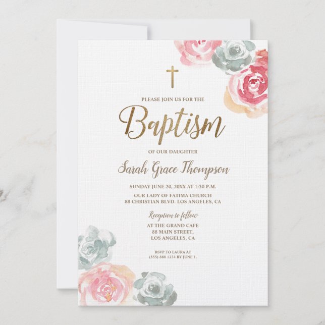 Boho Watercolor flowers pink baby Baptism Invitation (Front)