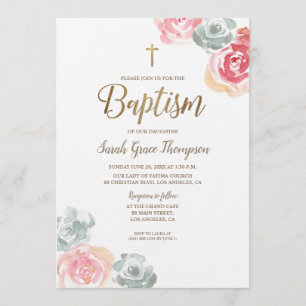 Boho Watercolor flowers pink baby Baptism Invitation