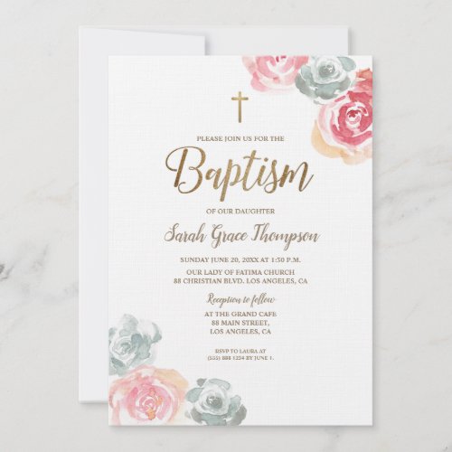 Boho Watercolor flowers pink baby Baptism Invitation