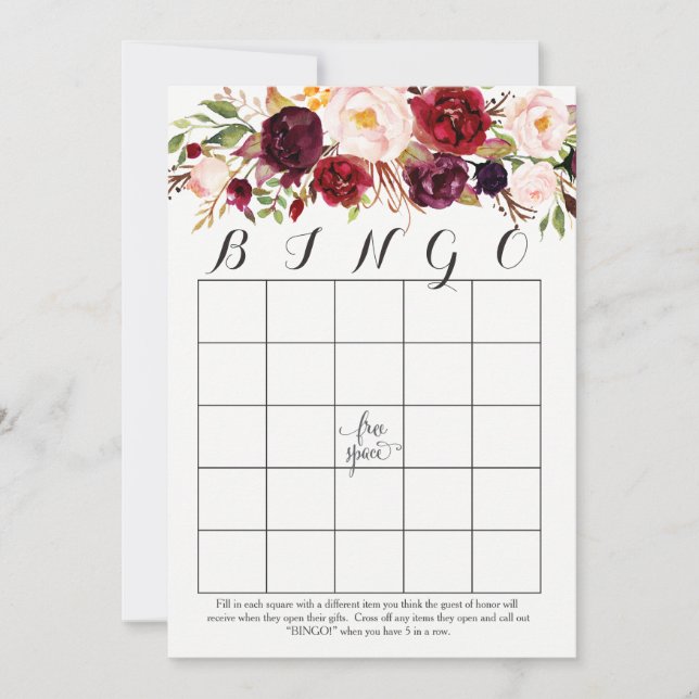 boho watercolor flowers Shower Bingo Cards Marsala (Front)
