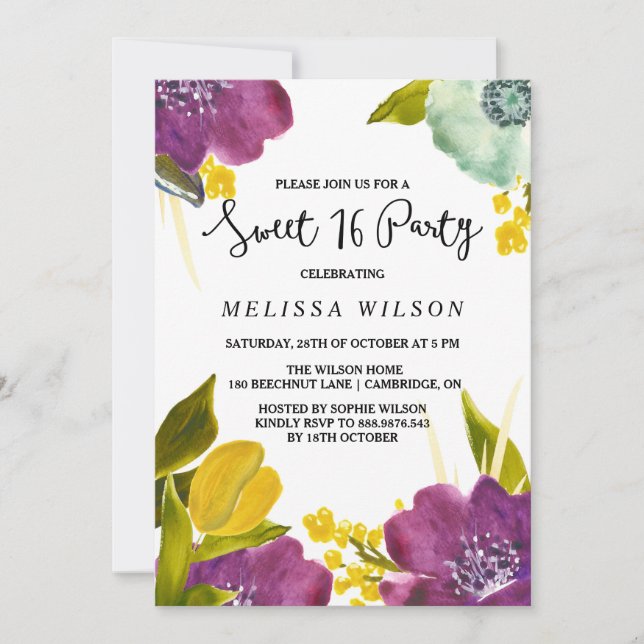 Boho Watercolor Flowers Sweet Sixteen Invitation (Front)