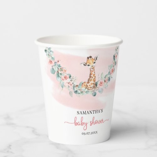 Boho watercolor girl giraffe eucalyptus pink roses paper cups