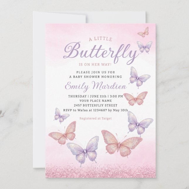 Boho Watercolor Glitter Butterfly Girl Baby Shower Invitation (Front)