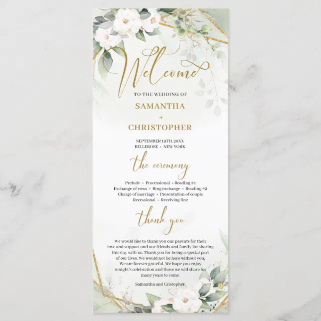 Boho watercolor gold frame greenery and white rose program | Zazzle