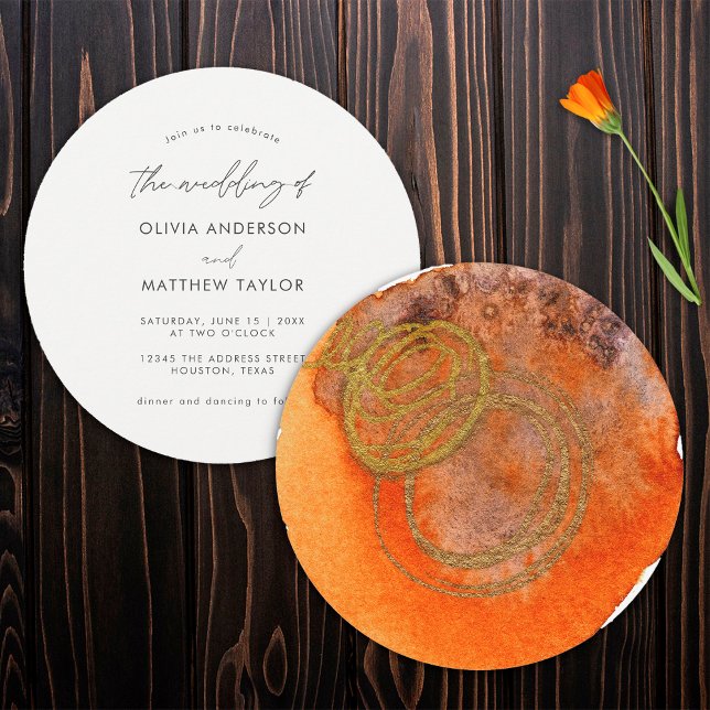  Boho Watercolor Gold Orange Simple Unique Wedding Invitation (Front/Back)