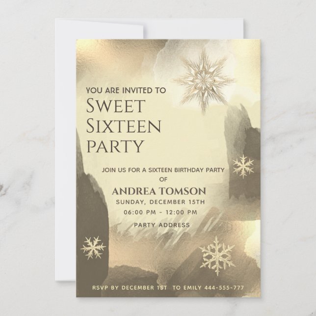 Boho watercolor Gold snowflakes  Sweet 16 party Invitation (Front)